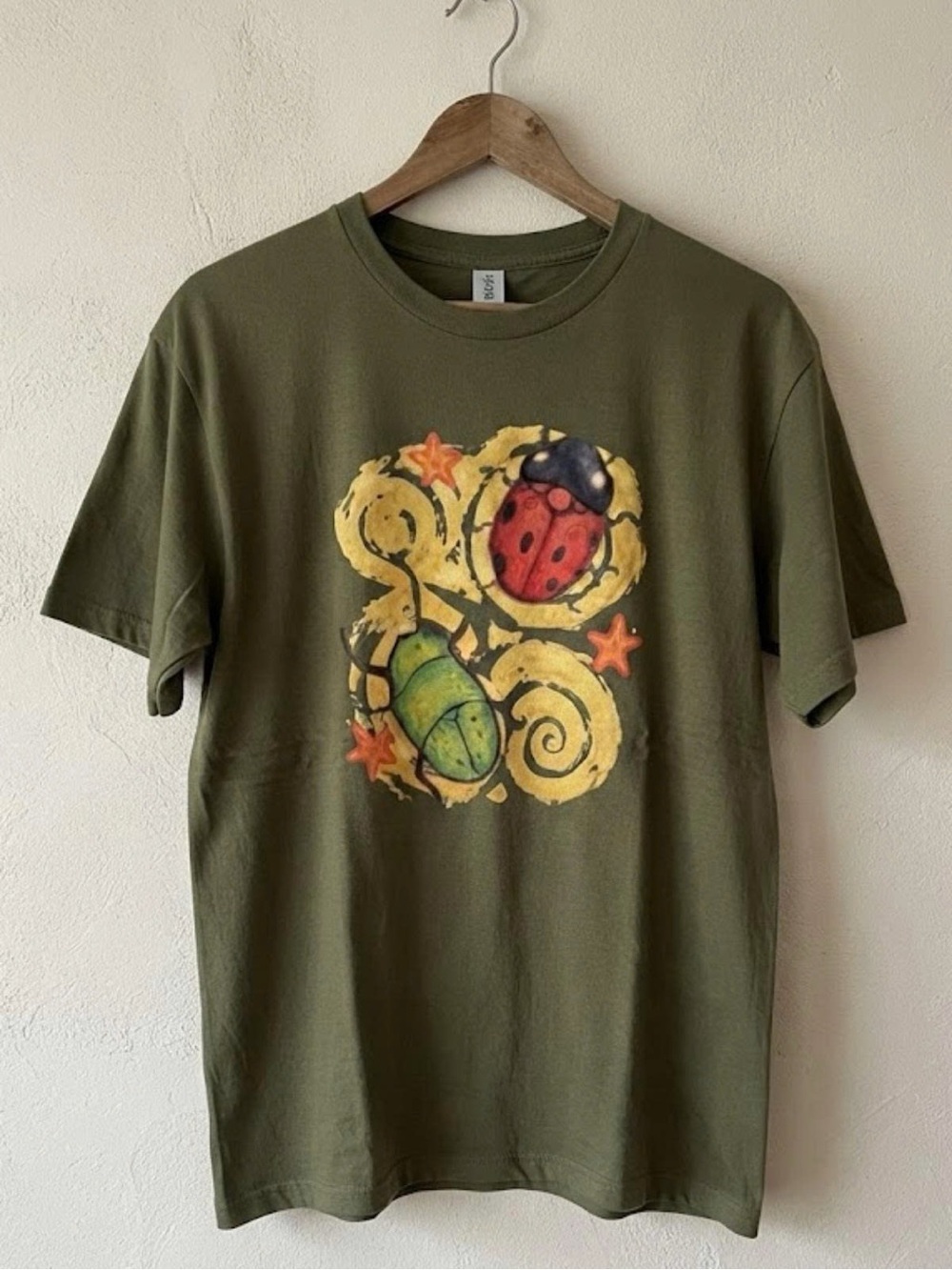 Gildan Olive Green Short Sleeve Tee with Ladybug and Beetle Graphic